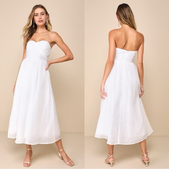 NWOT Lulus Fairytale Design White Organza Strapless A-Line Midi‎ Dress - Picture 1 of 6